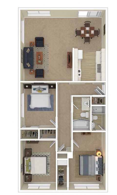 Floor plan for 3 beds, 2 baths, 1200 sqft
